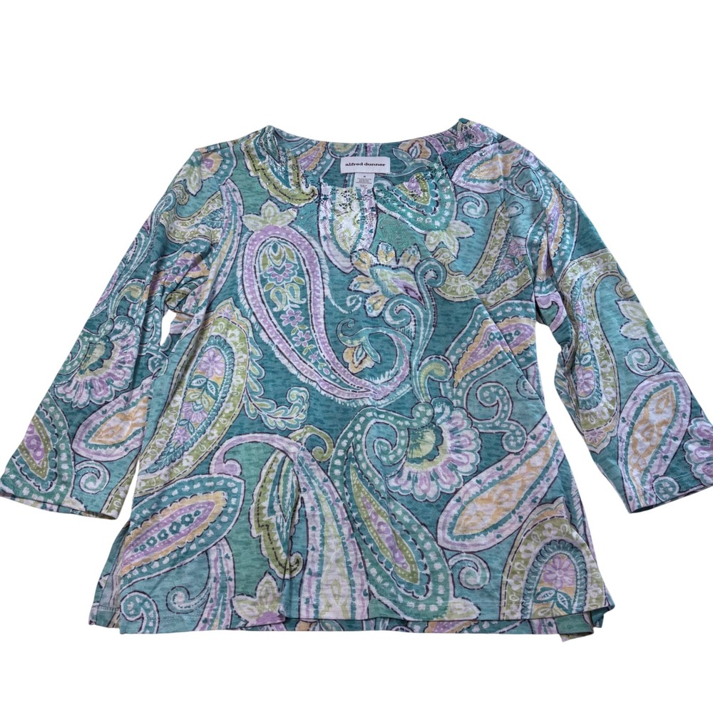 Alfred Dunner Womens Teal Paisley 3/4 Sleeve Lace Rhinestone Blouse Top‎ Medium